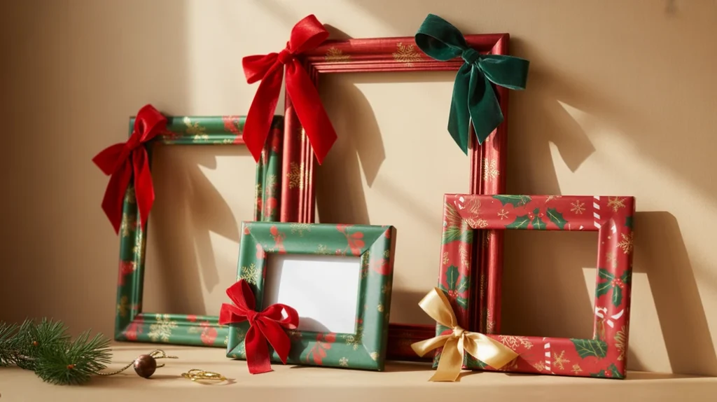 Picture frames wrapped like gifts with ribbon for inexpensive Christmas wall decor