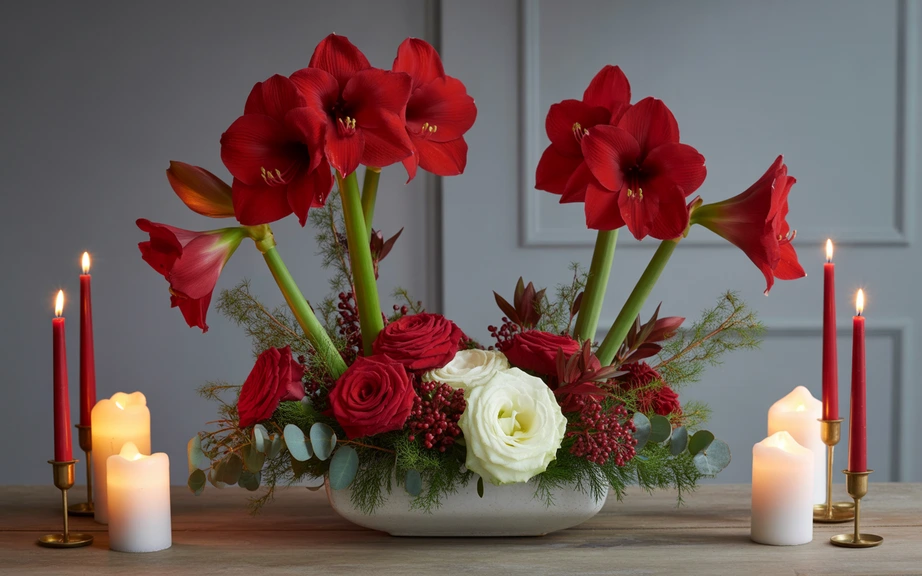 Red Floral Christmas Centerpiece with White Accents