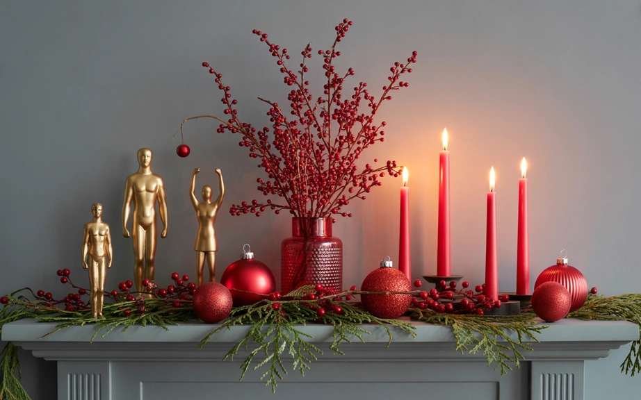 Red and Gold Shelf Styling for Holiday Atmosphere