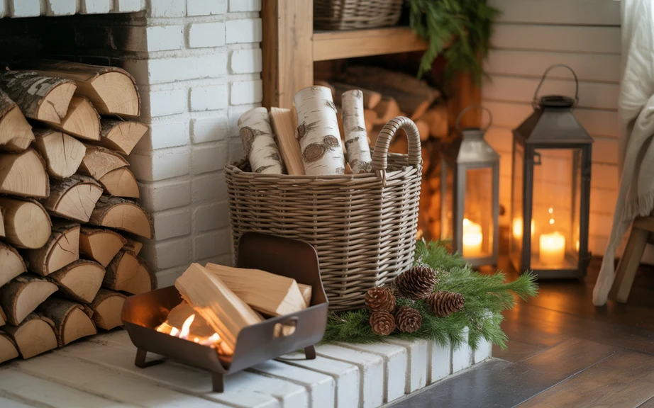 Stacked Firewood and Birch Log Accents