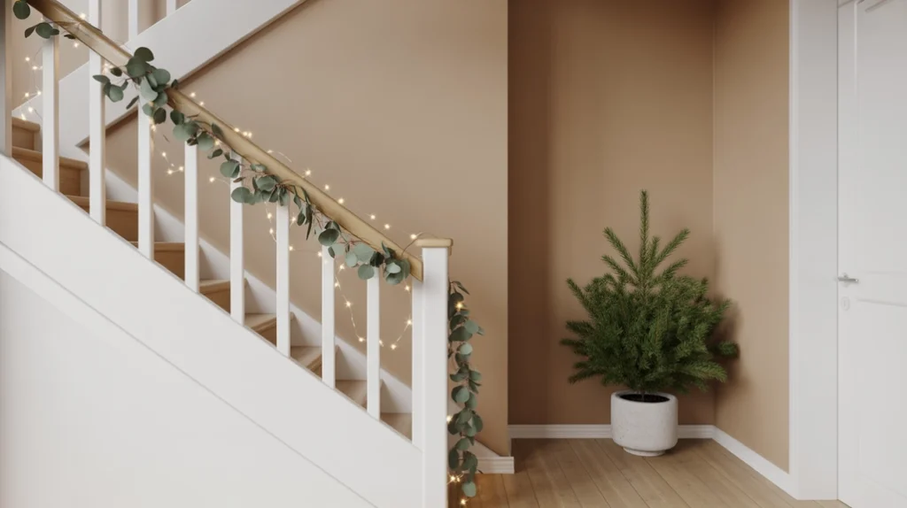 Minimalist neutral Christmas hallway decorated with greenery and warm lights