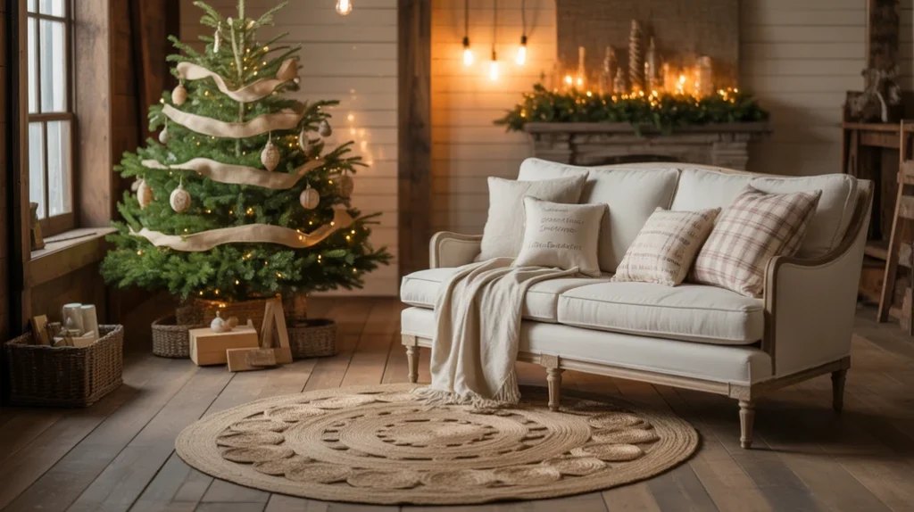 Farmhouse-style mini potted Christmas tree with burlap wrap and fairy lights
