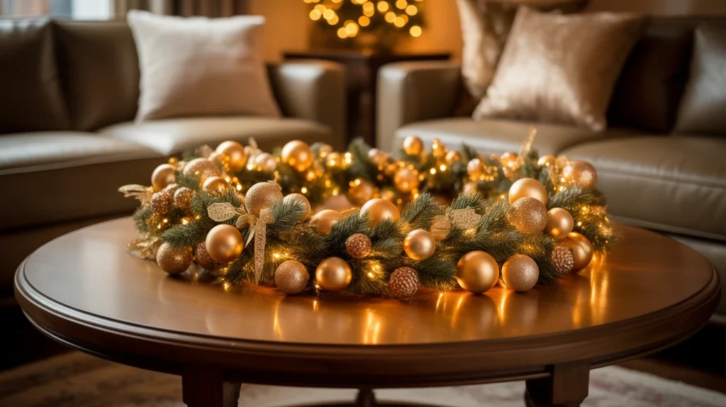Golden garland centerpiece with soft warm lights illuminating holiday table setting