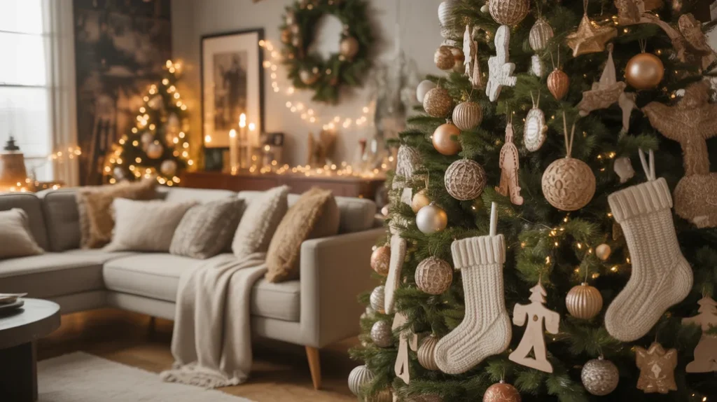 Modern and vintage Christmas decor mix with metallic ornaments and handmade details for cozy holiday styling