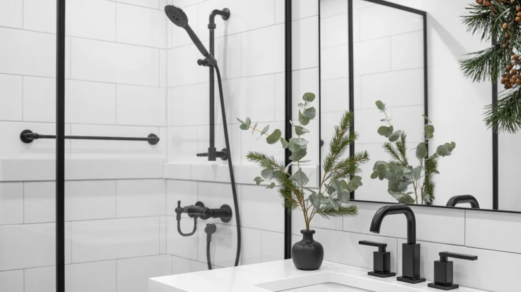 matte black hardware paired with soft greenery for modern christmas contrast