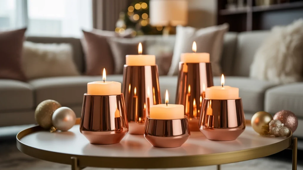 Rose gold candleholders and scented candles creating cozy holiday ambiance in a modern Christmas living room.