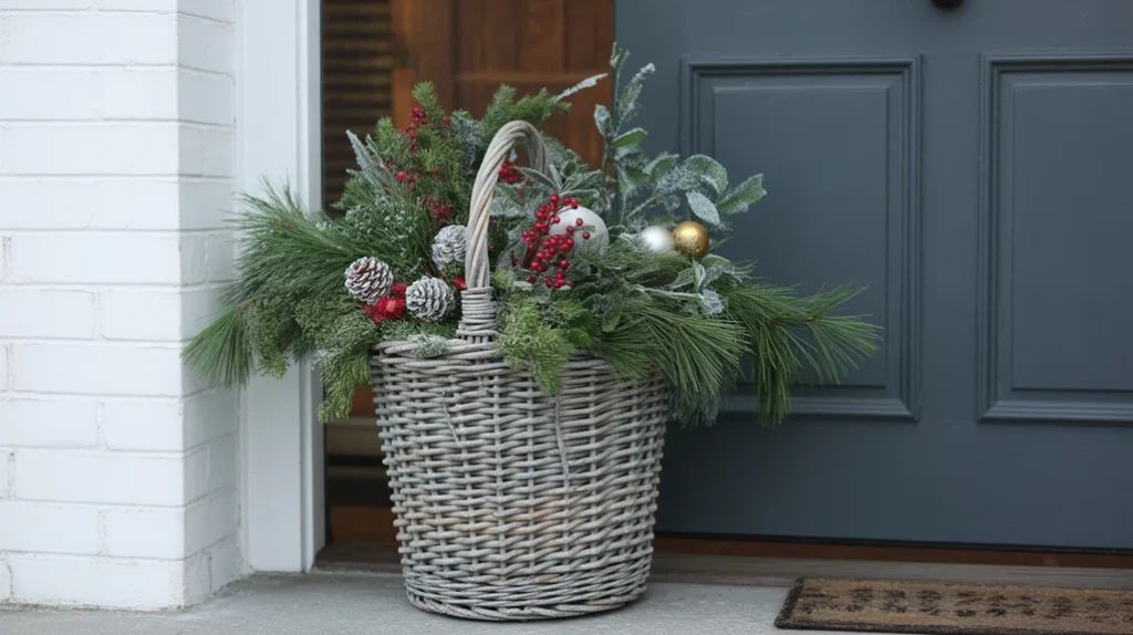 “Decorative basket filled with pine branches and berries for holiday entry styling”