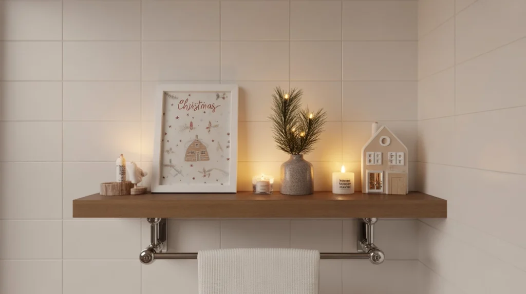 cozy christmas bathroom shelf with mini candle, winter artwork, and pine greenery for a warm seasonal look