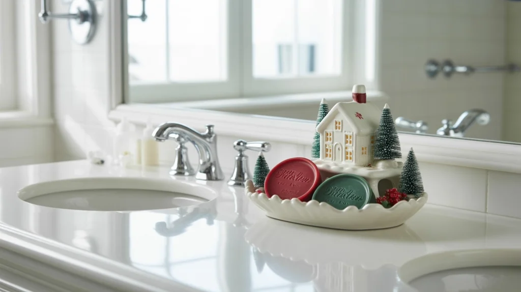 “christmas-themed soap dish with frosted winter patterns on a bathroom counter”
