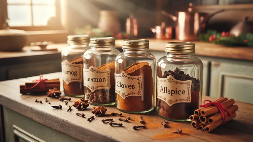 DIY Christmas spice jars with festive labels for cozy holiday aromas in the kitchen
