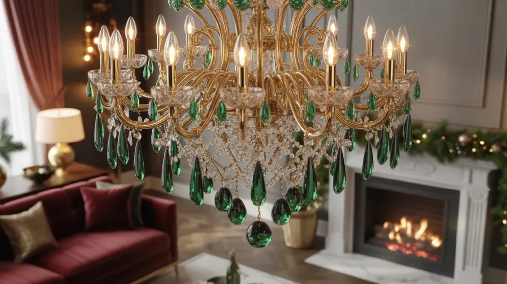 Statement chandelier with gold accents and emerald glass illuminating a luxurious Christmas living room.