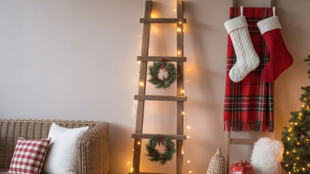 Farmhouse dining nook centerpiece with candles, pinecones, and greenery styled for Christmas 2025.