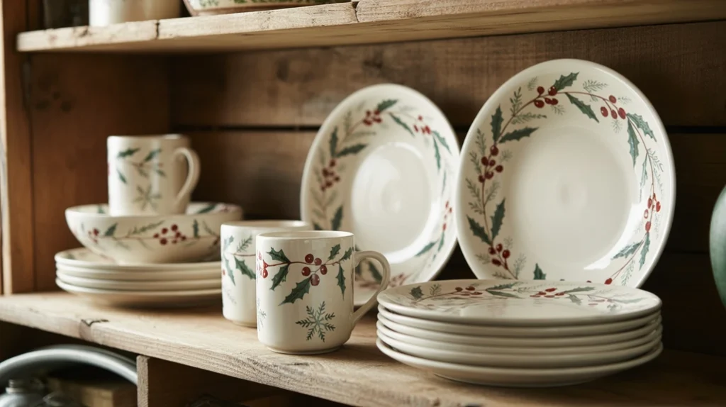 christmas dinnerware with snowflake and berry patterns displayed on farmhouse shelves
