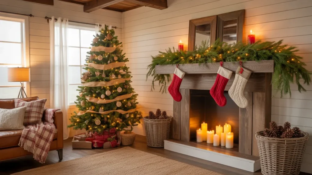 Farmhouse Christmas living room with a decorated tree, rustic mantel garland, and warm ambient lighting.