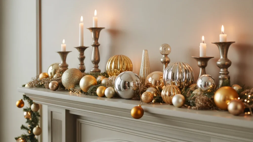 Greenery and fairy lights around fireplace for cozy Christmas ambiance