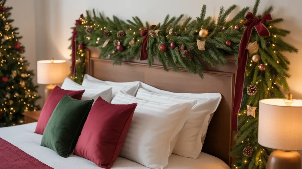 Headboard garland matching Christmas tree in festive bedroom