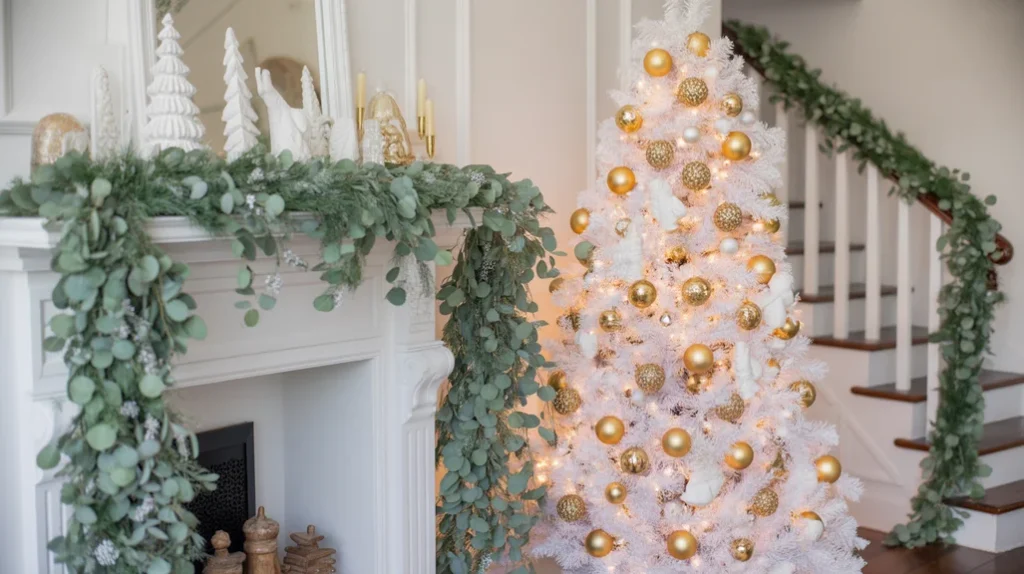Greenery and eucalyptus garlands adding freshness to a white and gold Christmas décor setup
