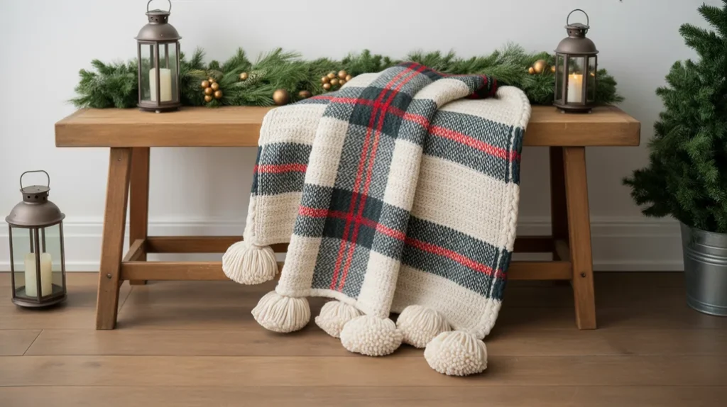 Holiday throw blanket adding soft country warmth to a rustic farmhouse entryway bench”