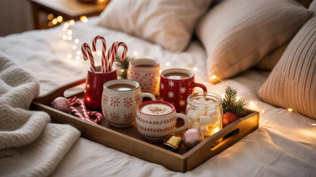 mini hot cocoa bar setup in christmas bedroom with mugs and candy canes for festive touch