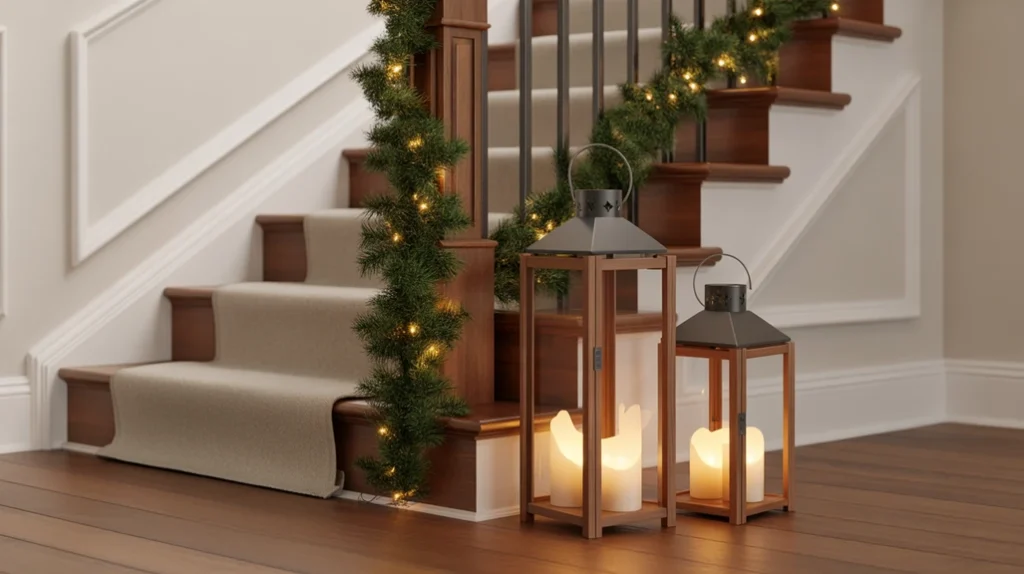 “Lanterns with flameless candles placed along staircase floor for soft Christmas lighting”