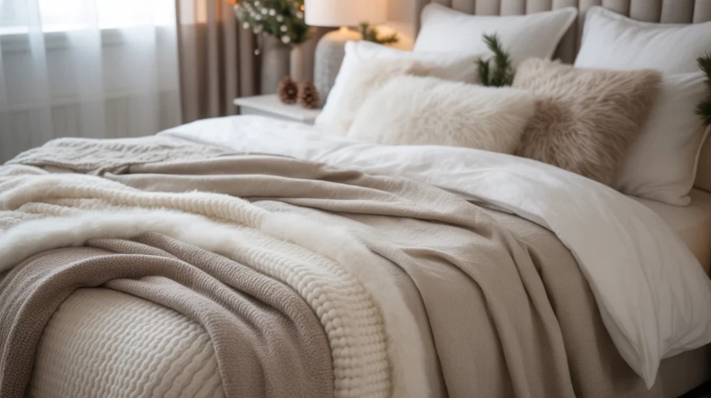 layered bedding in ivory, taupe, and beige tones for cozy neutral Christmas bedroom ideas