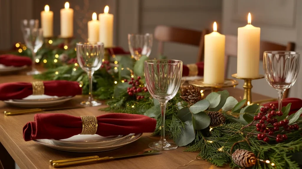 Elegant holiday napkins with napkin rings, greenery, and warm seasonal touches