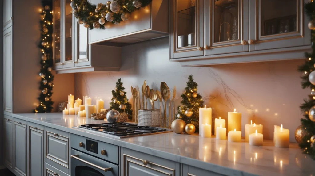 Metallic gold and silver accents in modern Christmas kitchen design