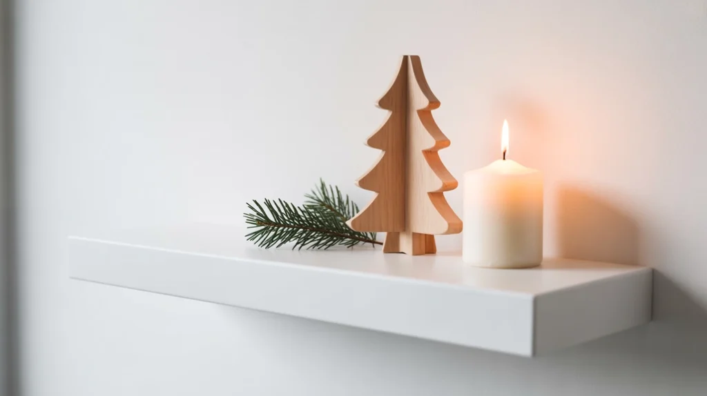 floating shelf with minimal christmas décor arranged in a fresh modern style