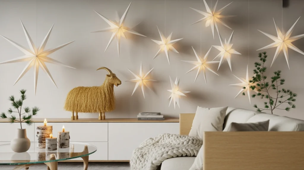 “Modern minimalist living room decorated with Nordic Christmas traditions — straw goat, paper stars, and natural festive textures.”