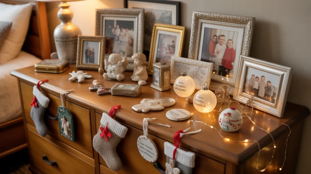 Personal keepsakes, family photos, and handmade ornaments decorating a warm Christmas bedroom