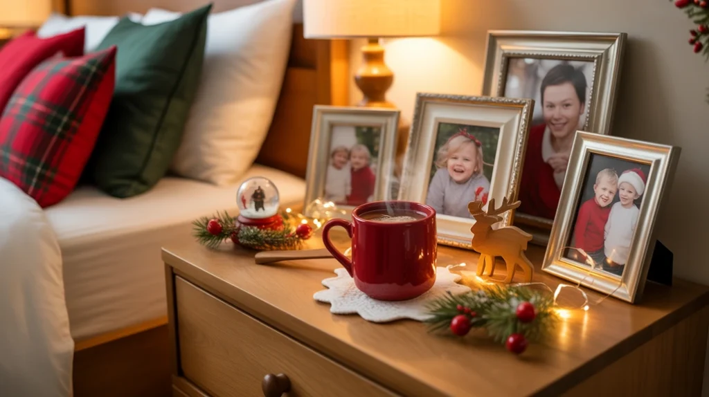 personalized christmas bedroom decor with red mug, framed photos, and festive accessories