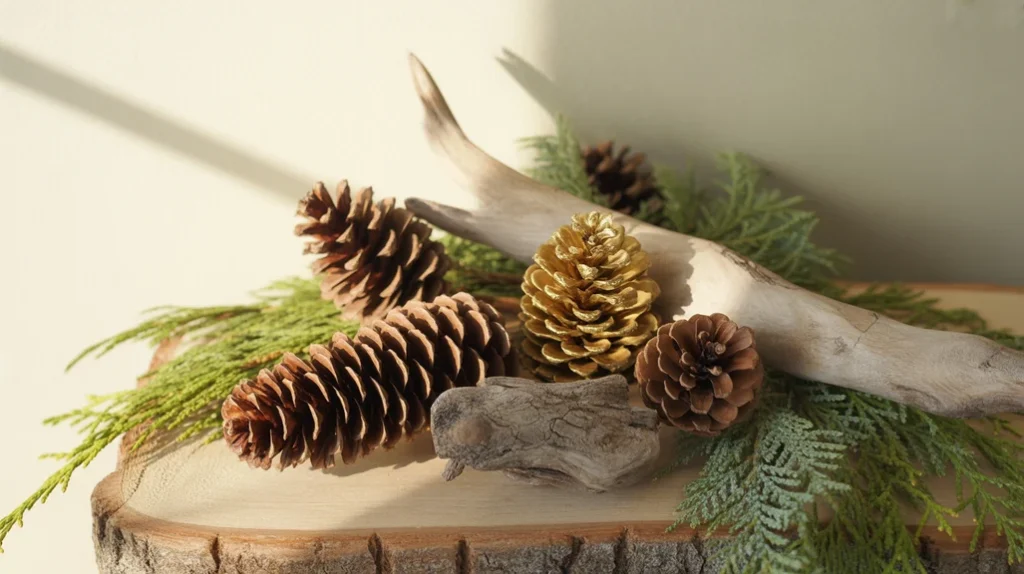 Rustic pinecones and cedar sprigs arranged as natural Christmas bathroom decor