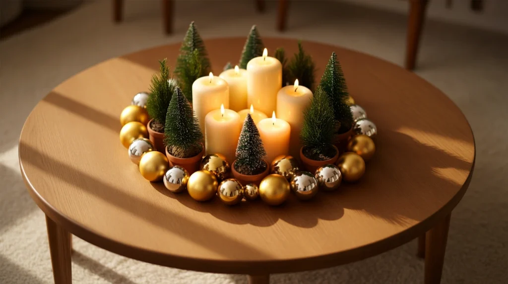 “round coffee table styled with holiday centerpiece and Christmas ornaments”