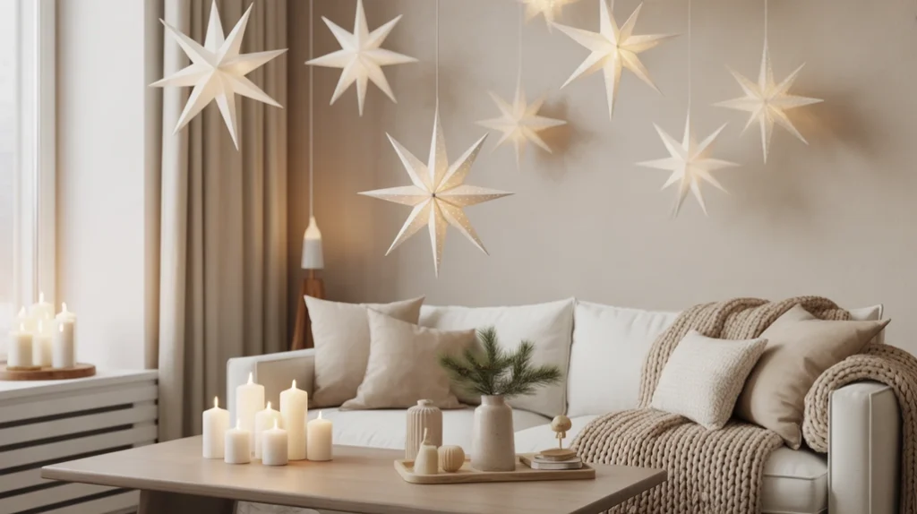 Scandinavian-style Christmas apartment with neutral tones, wood textures, and minimalist decorations.