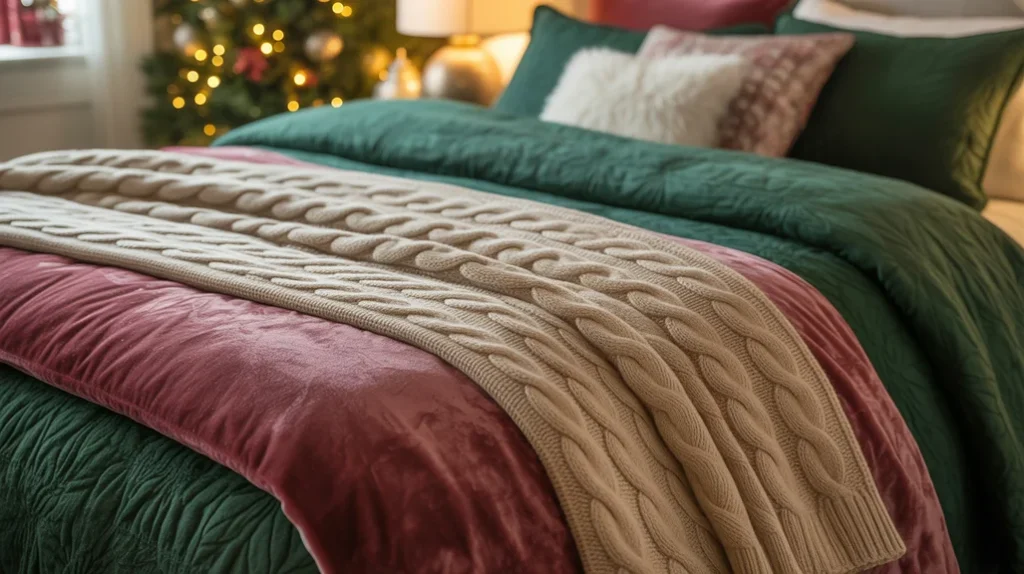 Statement blanket and velvet coverlet adding cozy warmth to Christmas bedding ideas