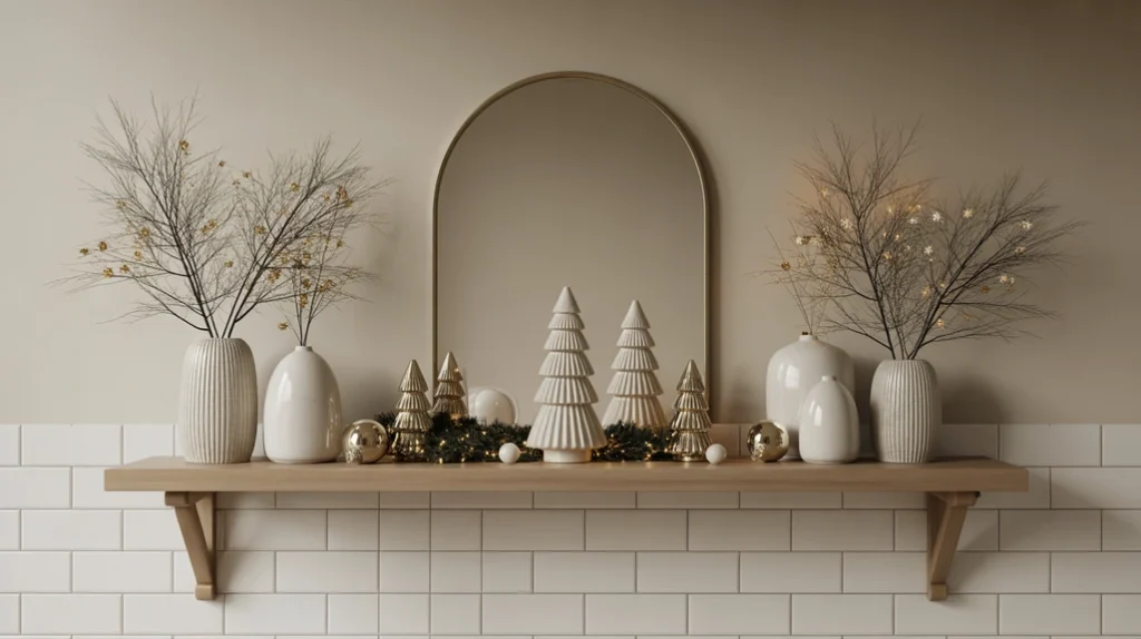 bathroom shelf styled with decor pieces in varying heights for a balanced winter look