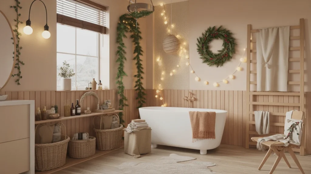warm earthy color palette with natural materials for cozy boho christmas bathroom decor