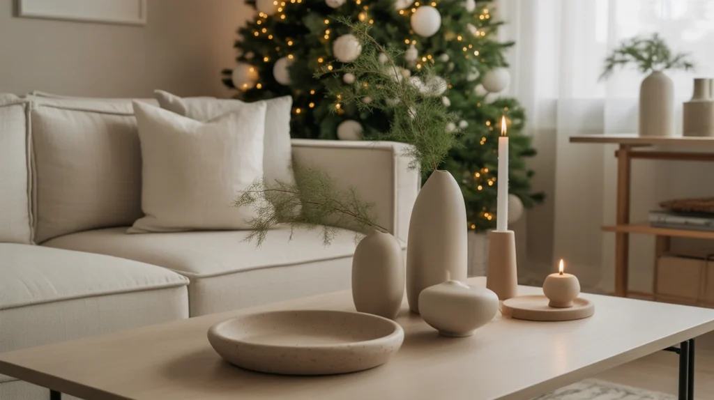 cozy Scandinavian-inspired holiday living room with layered textiles and warm lights