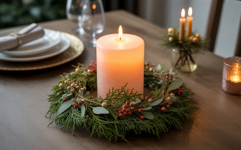 Candle Ring With Greenery Christmas Centerpiece
