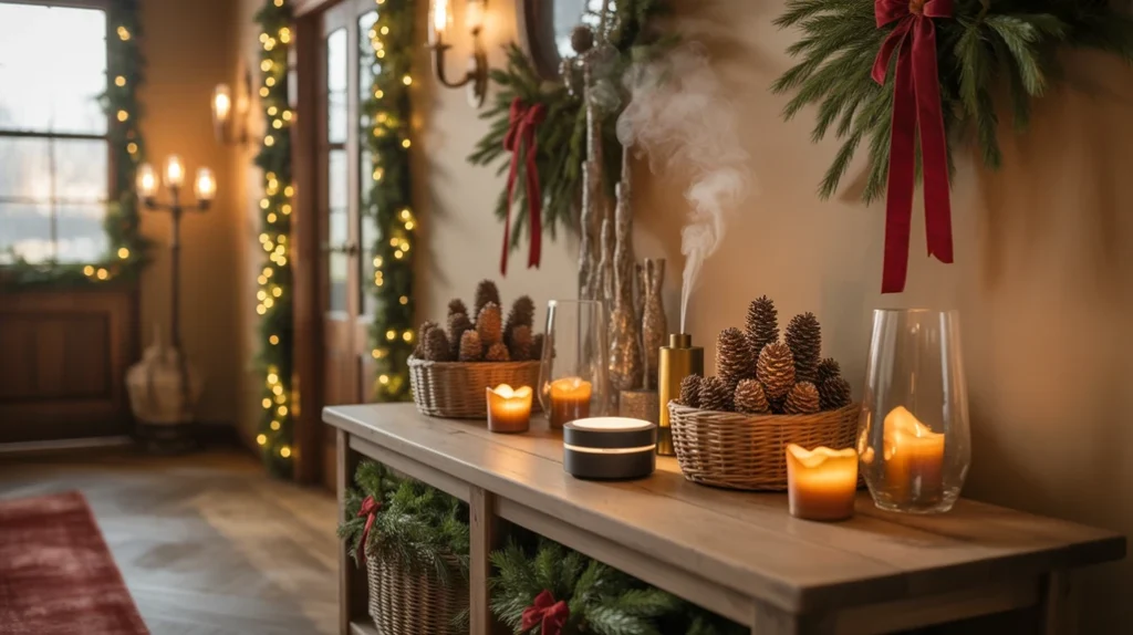 Christmas hallway scented with pinecones, candles, and natural winter aromas