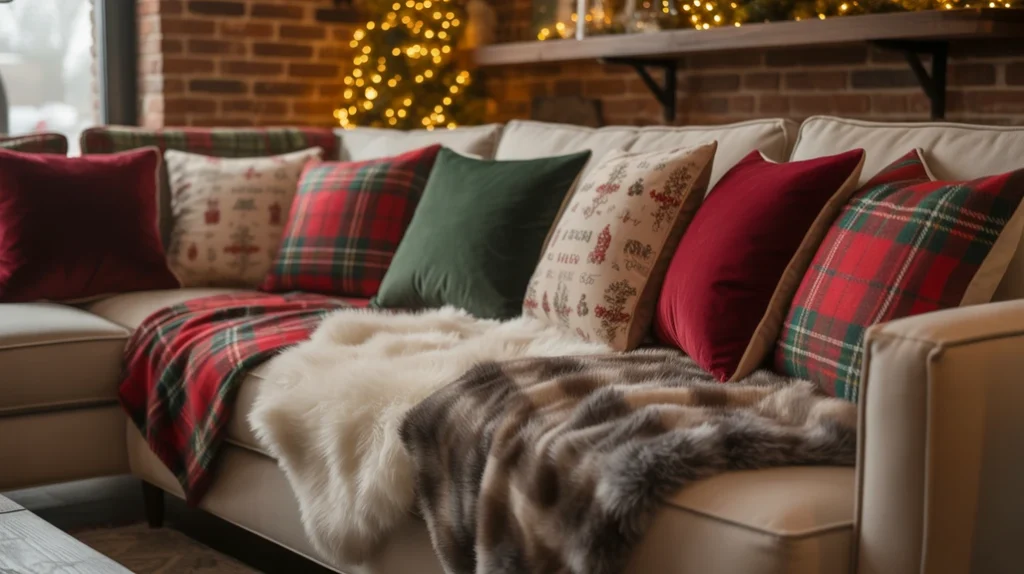 Sofa styled with holiday pillows, plaid blankets, and soft textures creating a warm winter glow aesthetic