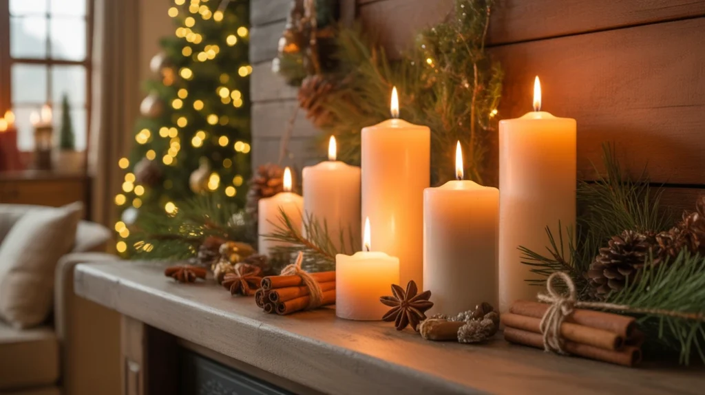Scented candles glowing with pine and vanilla aroma in cozy Christmas living room