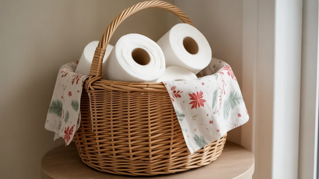 “wicker basket holding toilet rolls wrapped in a plaid cloth for cozy holiday decor”