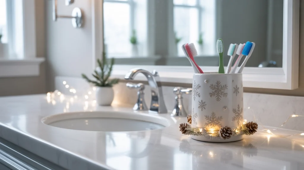 Festive holiday toothbrush holder with Christmas patterns for a fun seasonal touch