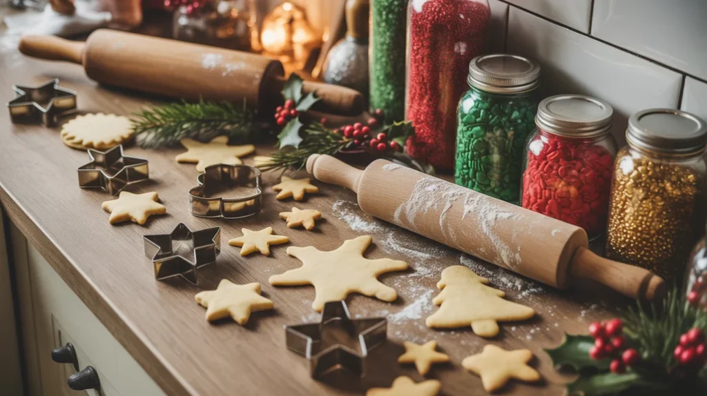 DIY holiday baking display with cookie cutters, rolling pins, and greenery for a festive kitchen setup