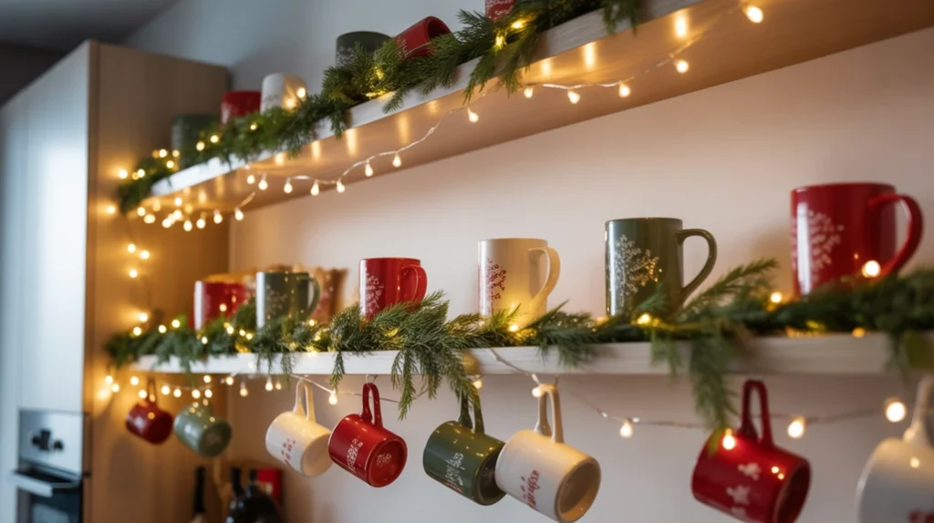 Fairy lights and garland adding cozy glow to Christmas kitchen shelves