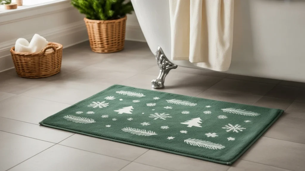 green bath mat with subtle winter patterns adding cozy seasonal texture