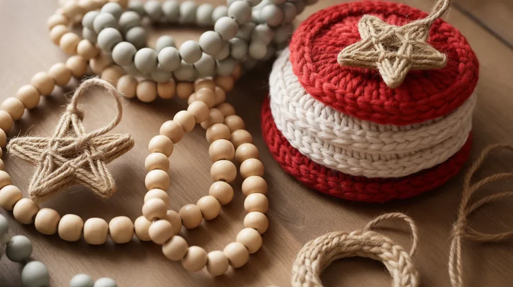 handmade farmhouse christmas decor with wooden bead garlands and knitted coaster