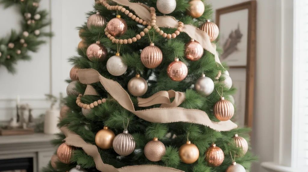 Rustic farmhouse Christmas tree with metallic gold and copper ornaments balanced by burlap and wood textures.