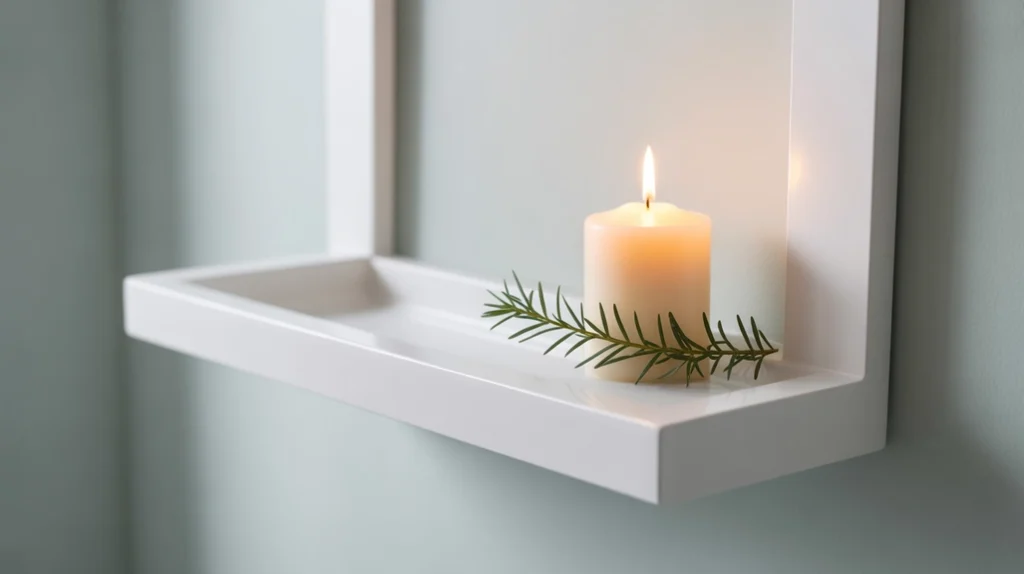 minimal bathroom shelf with simple greenery and one Christmas accent